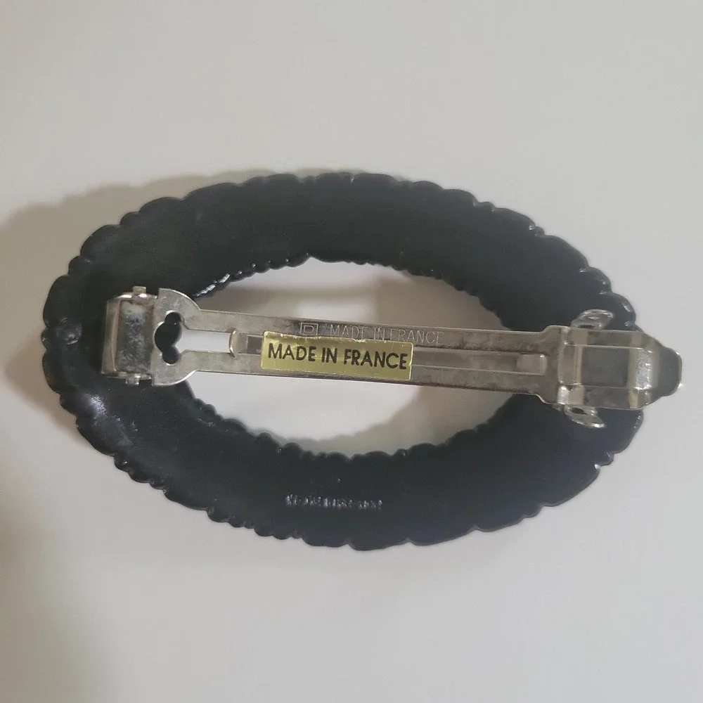 Vintage Made in France Black Textured Oval Barrette Hair Clip 3.25in Goth